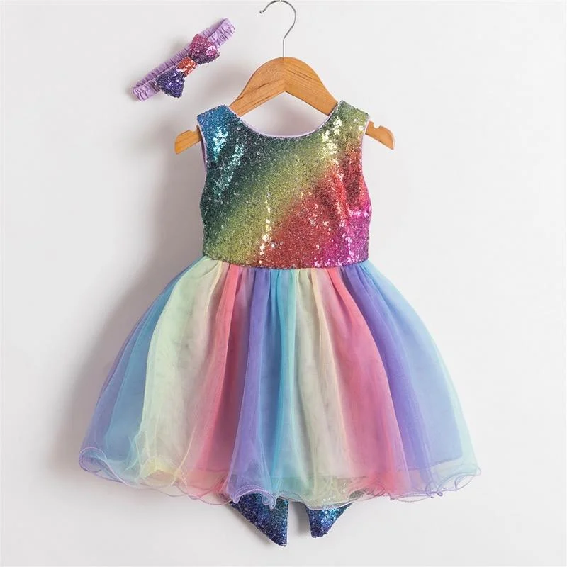 Rainbow Color Princess Party Dress For Girls Big Bowknot 1 Year Old Birthday Costume Luxury Shining Sequined Girl Frocks Dress