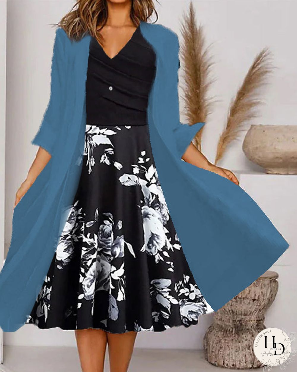 Fake Two Piece Waisted V Neck Chiffon Coat Dress