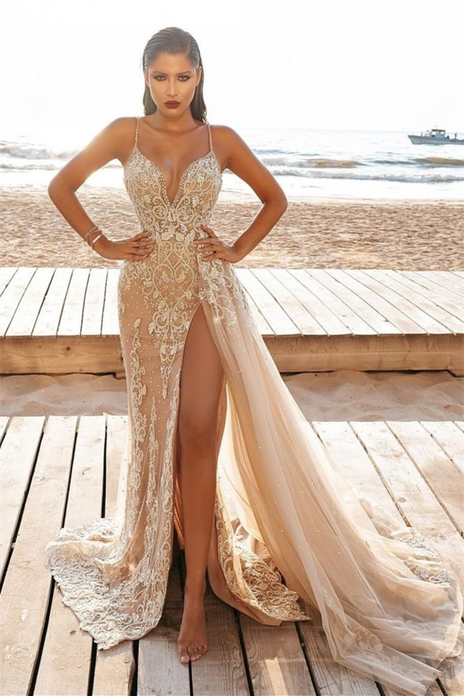 Nude Spaghetti Träger Meerjungfrau Hochzeitskleid Split mit Perlenstickereien PA0029 Lunass