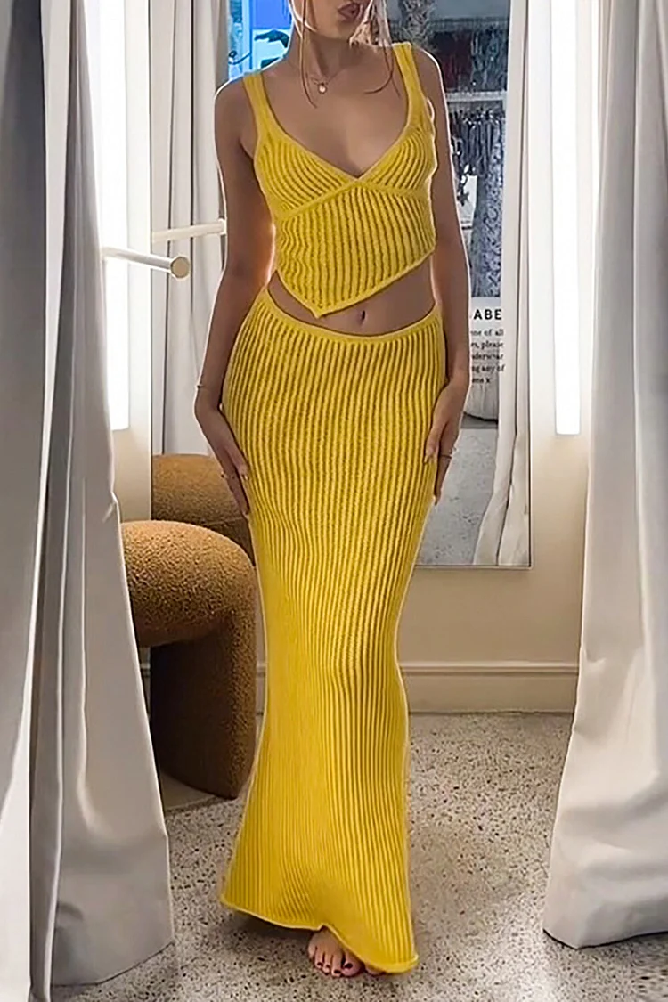 Textured Striped Knit Irregular Crop Cami Slim Fit Maxi Skirt 2pcs Set-Yellow