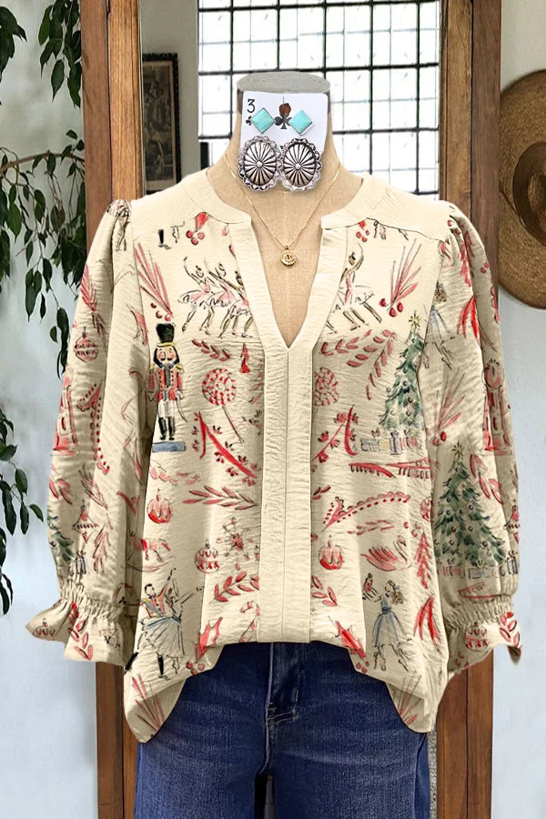Elegant Puff Sleeve Nutcracker Christmas Print Top