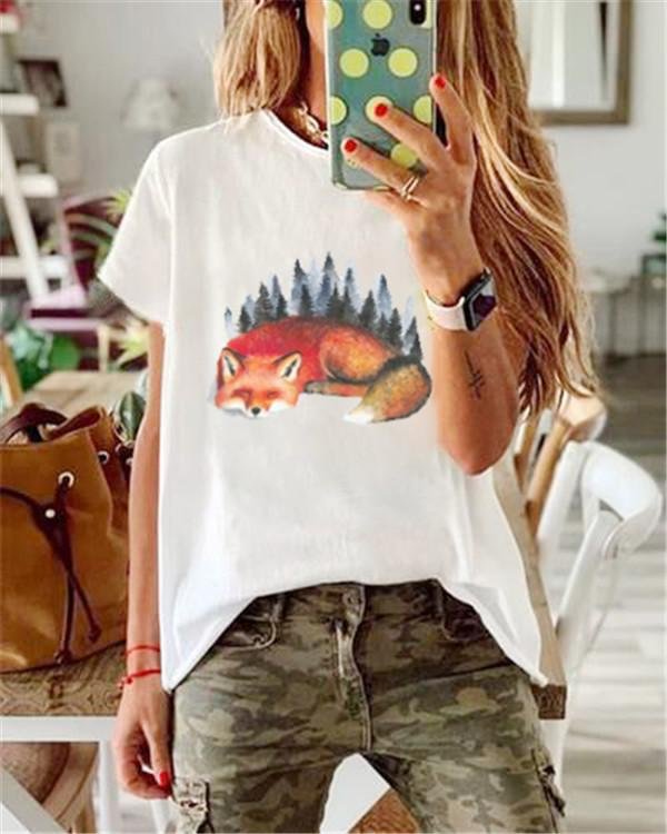 Plus Size Printed Fox Casual Summer Women Holiday Blouse
