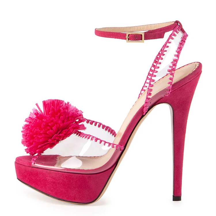 Escarpins à talons aiguilles en velours rose avec pompons Flusfy