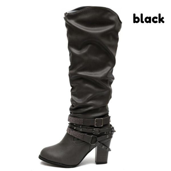 Women's Ladies Winter Buckle Slouch Mid-Calf Boots Block High Heel Boots Shoes - Life is Beautiful for You - SheChoic