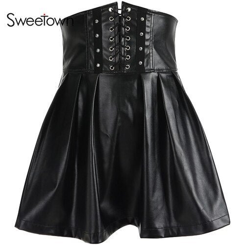 Sweetown Black PU Leather Gothic Skirts Womens Moda Mujer 2019 Sexy Back Zipper Front Bandage High Waist Pleated Skirt Festival