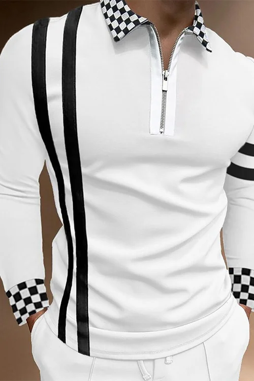 Men'S Long-Sleeved Lapel Striped Plaid Polo Shirt|