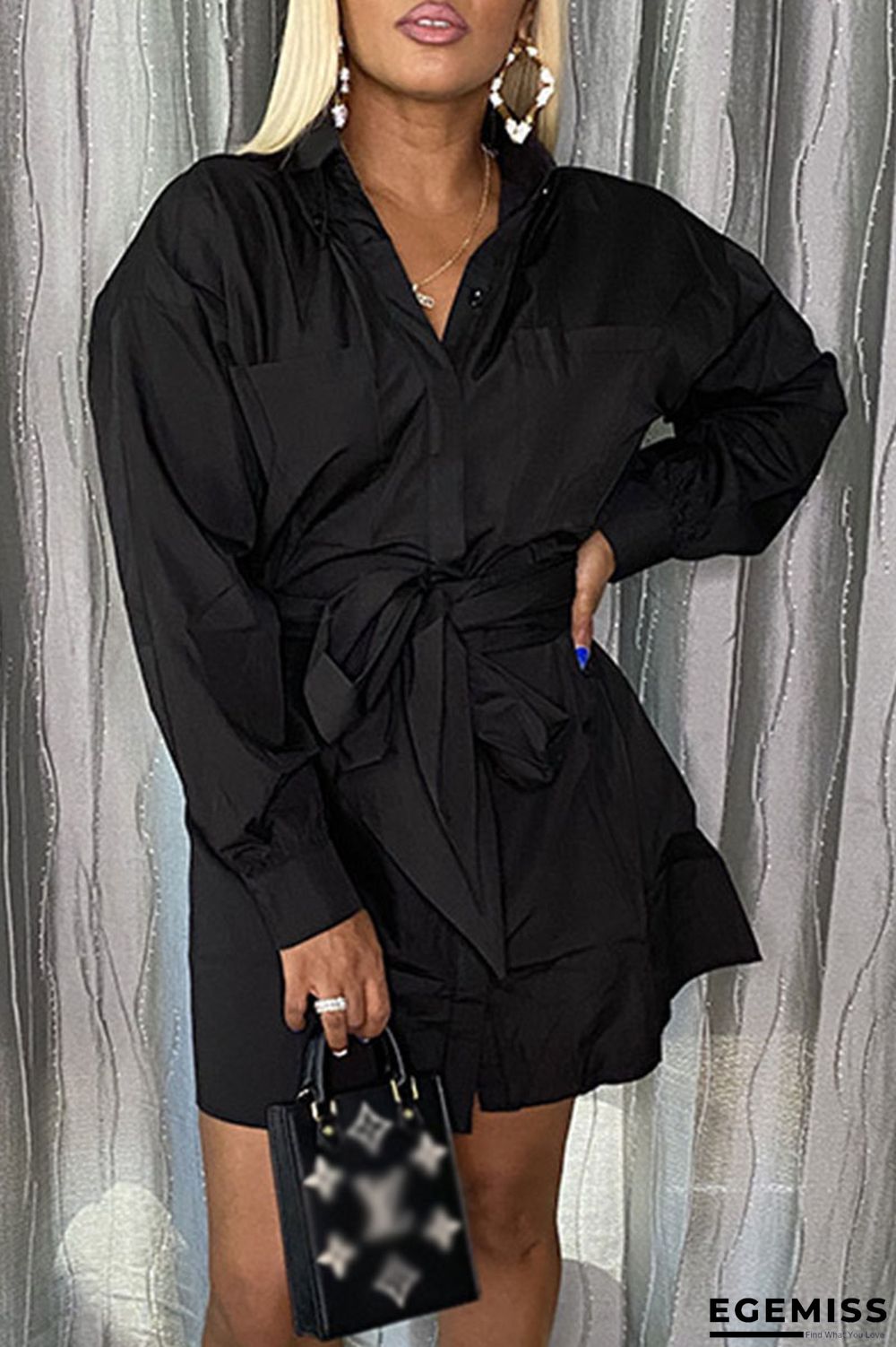 Black Casual Solid Pocket With Belt Turndown Collar A Line Dresses | EGEMISS