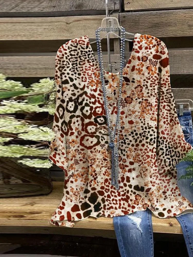 Women's Brown Leopard Printed Round Neck T-Shirt