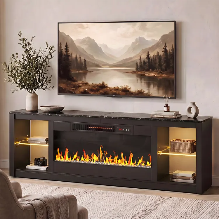 Bestier 70" Fireplace TV Stand for TVs up to 75", Modern Entertainment Center with 36" Electric Fireplace, TV Console with LED Lights and Adjustable Shelves for Living Room
