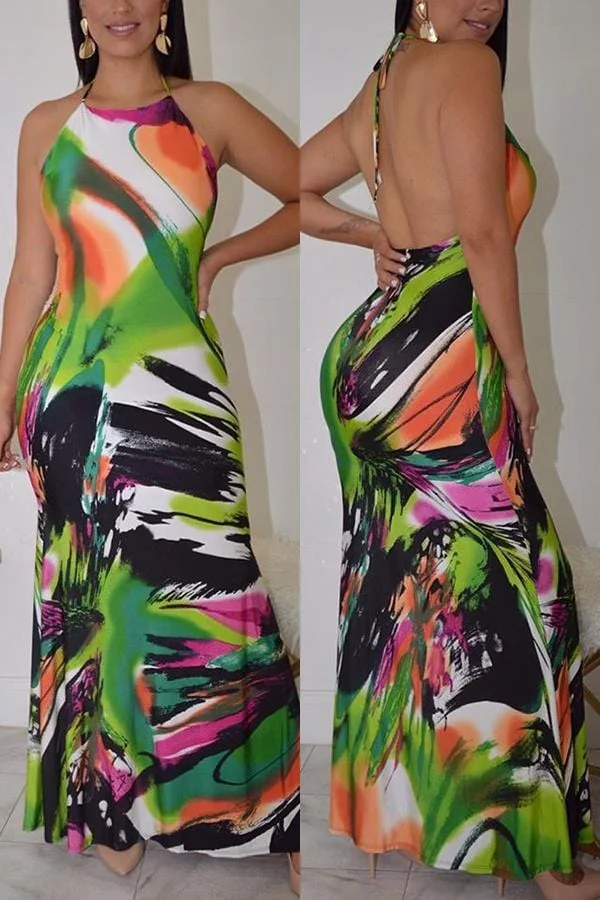 Fashion Sexy Print Halter Halter Dress