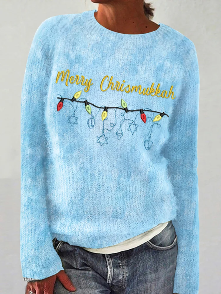 Hanukkah Merry Christmas Embroidery Knitted Sweater