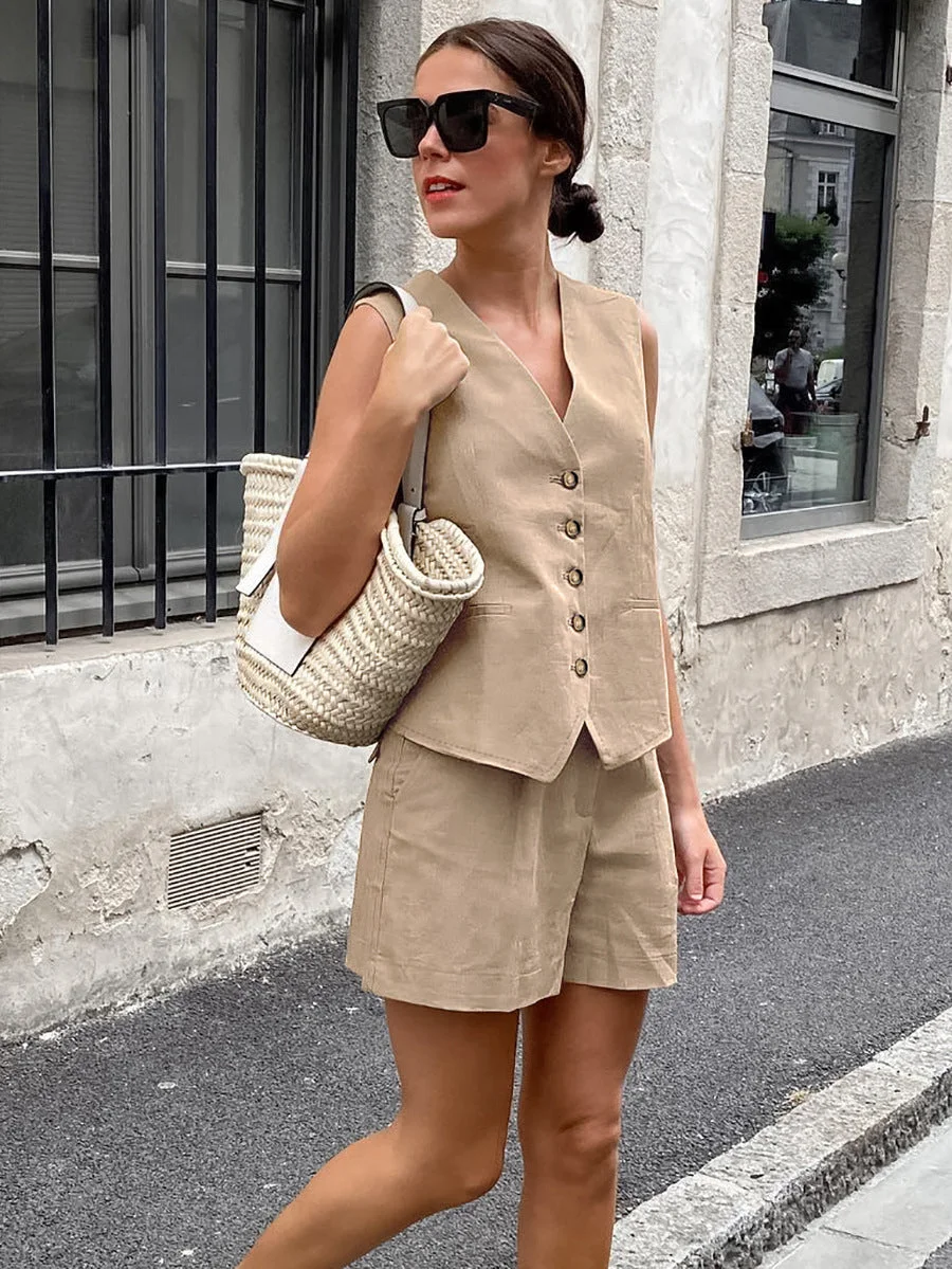 Ladies Loose Casual Sleeveless V-Neck Shorts Two-Piece Suit