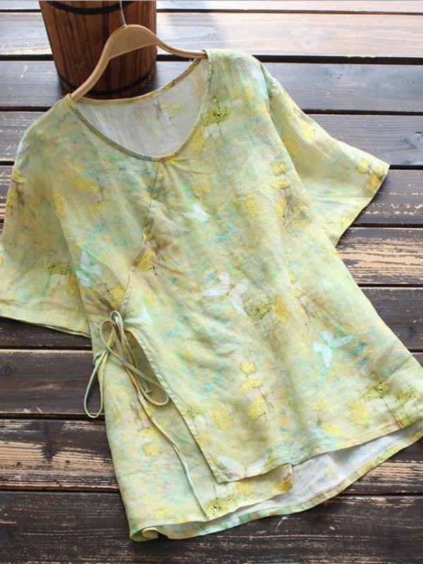 Ladies Retro Lace-up Printed Cotton and Linen Top-Mayoulove