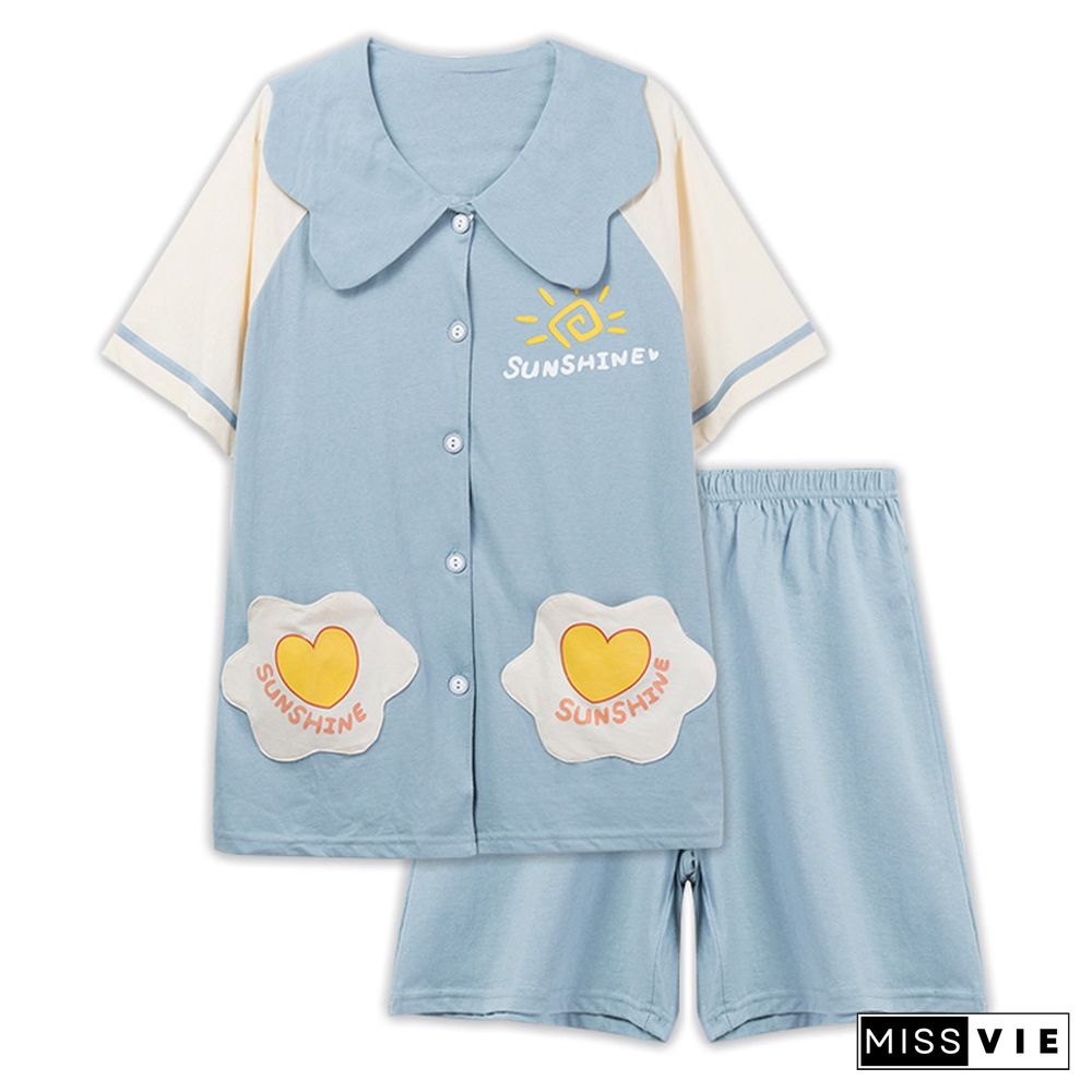 Cartoon Animal Fruit Print Cotton Pocket Pajamas Set