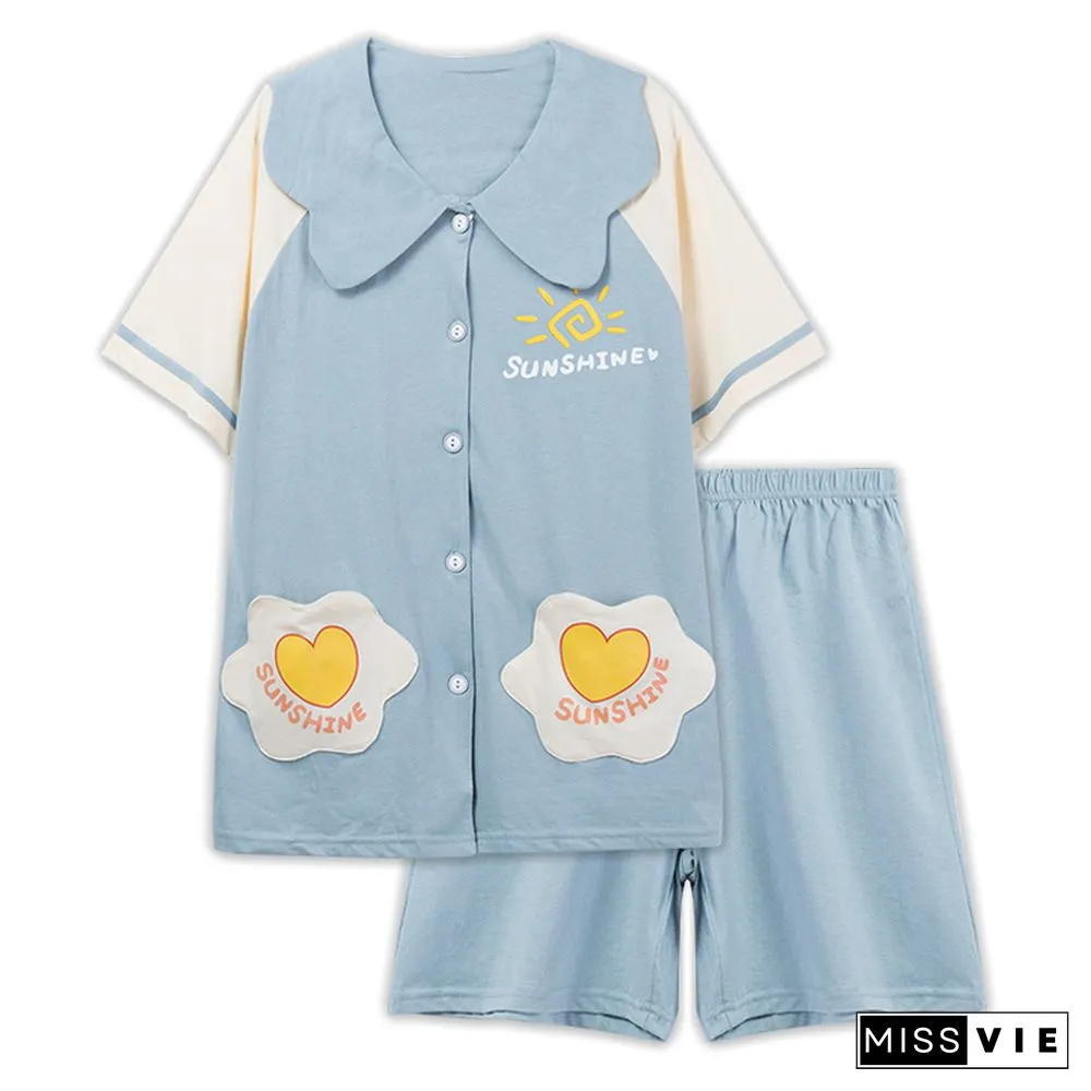 Cartoon Animal Fruit Print Cotton Pocket Pajamas Set