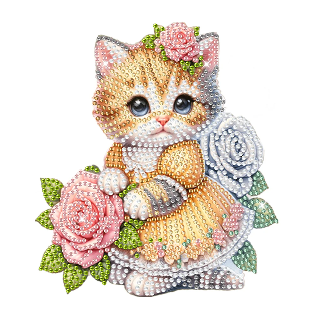 DIY Shaking Head Cat and Rose Acrylic Diamond Painting Desktop Ornaments