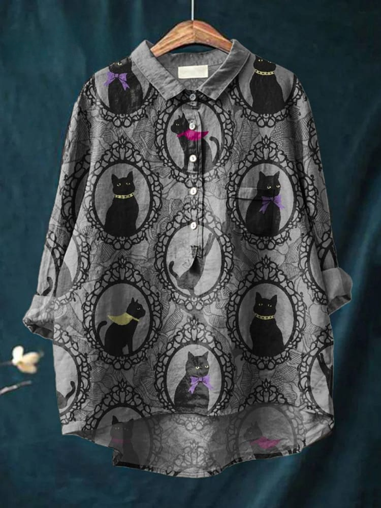Women's Black Cat Animal Art Print Casual Cotton And Linen Shirt