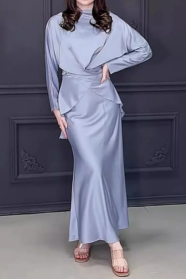 Elegant Satin Long Sleeve Blouse & Back Lace Up Skirt 2 Pcs Set