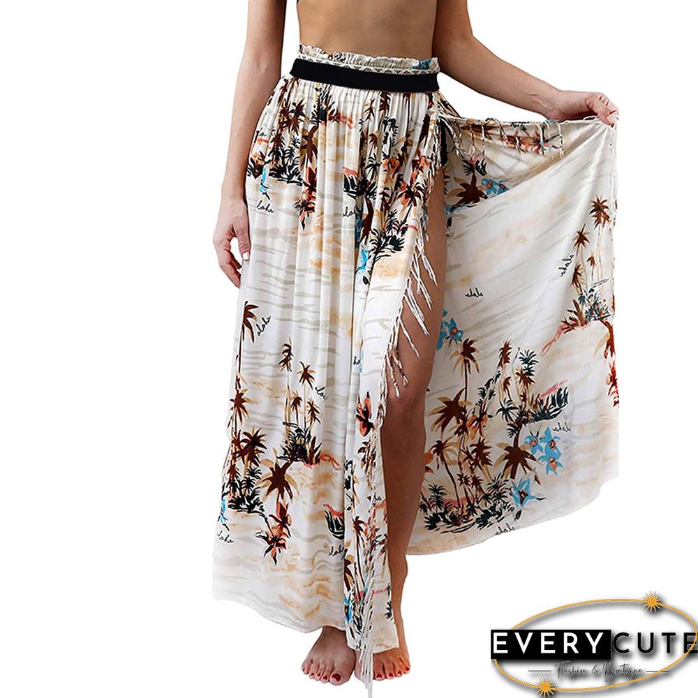 White Palm Tree Print Tassel Beach Skirt