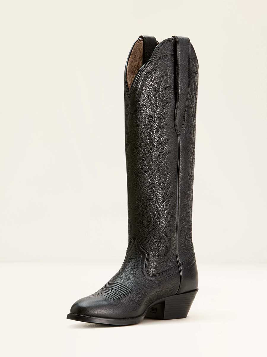 Black Closed Round Toe Chunky Heel Embroidered Knee High Boots