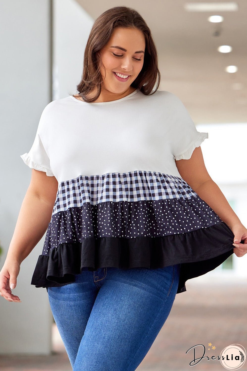 Plus Size Plaid Color Block Tiered Blouse