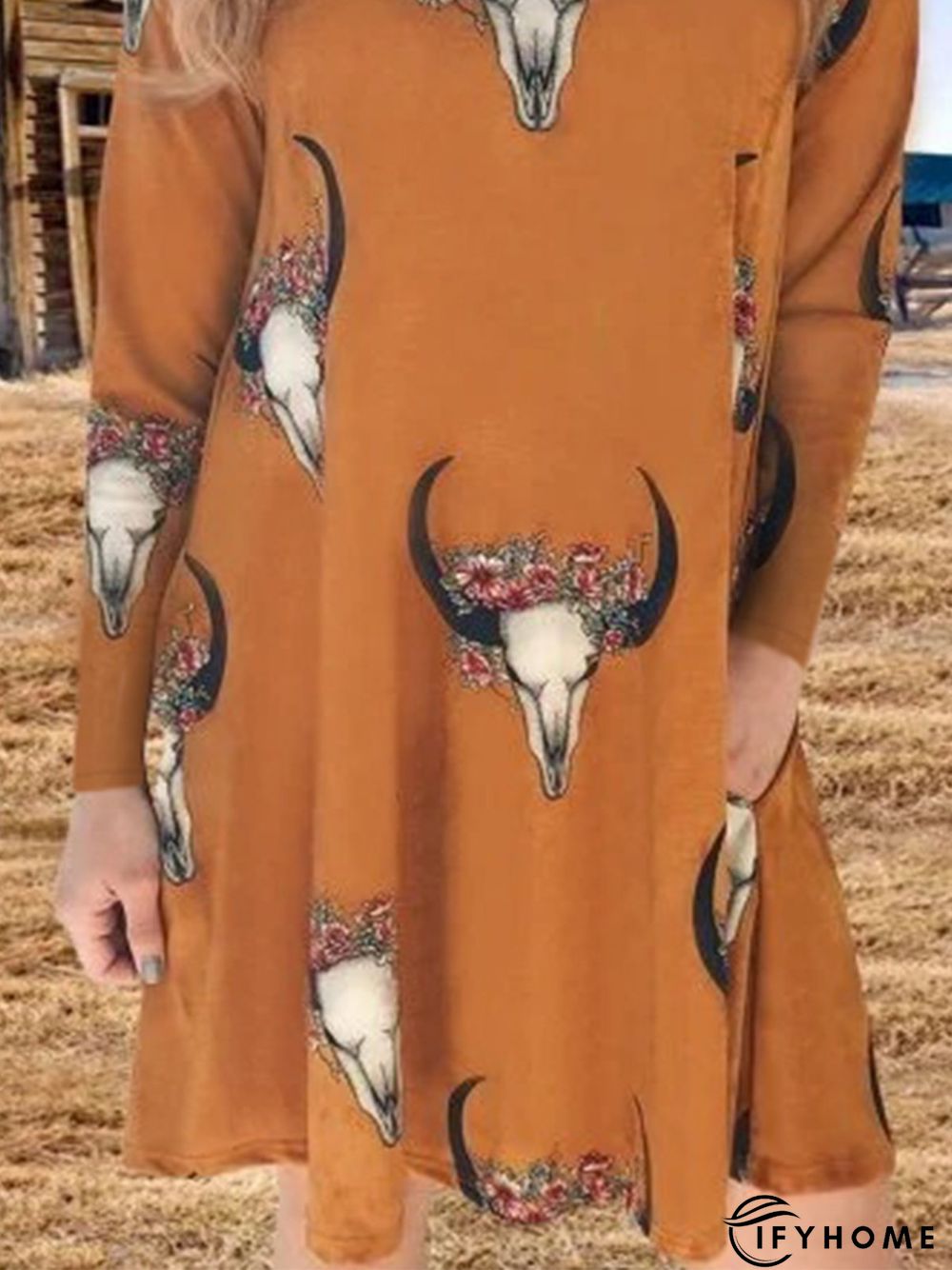 Boho Long Sleeve Cow Printed Casual Knitting Tunic Dress | IFYHOME