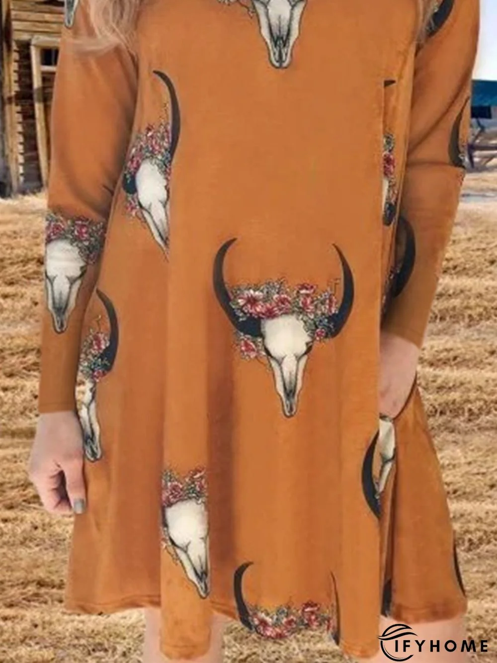 Boho Long Sleeve Cow Printed Casual Knitting Tunic Dress | IFYHOME