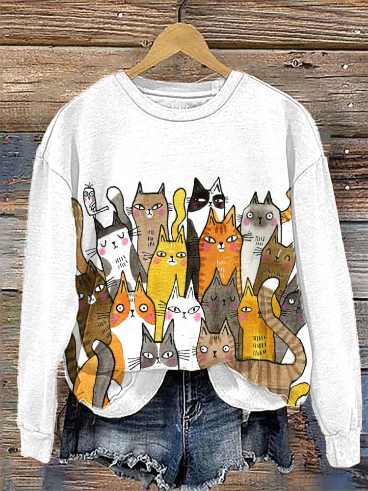 Funny Cats Print Casual Cozy Sweatshirt