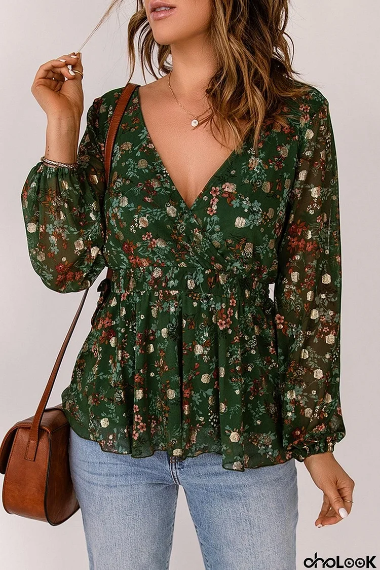 Floral Surplice Peplum Blouse