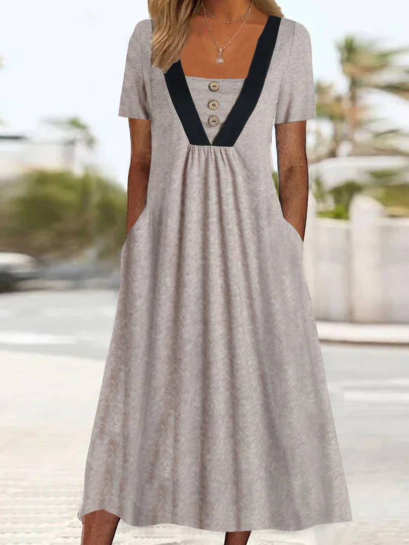Women's Short Sleeve U-neck Colorblock Pockets Midi Dress