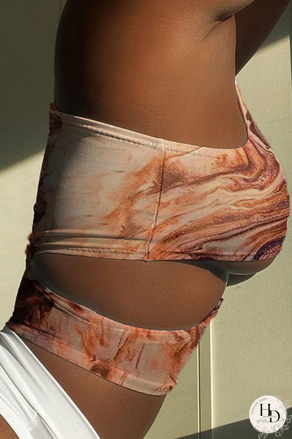 Coffee Fashion Sexy Print Hollowed Out O Neck Tops Two-piece Set