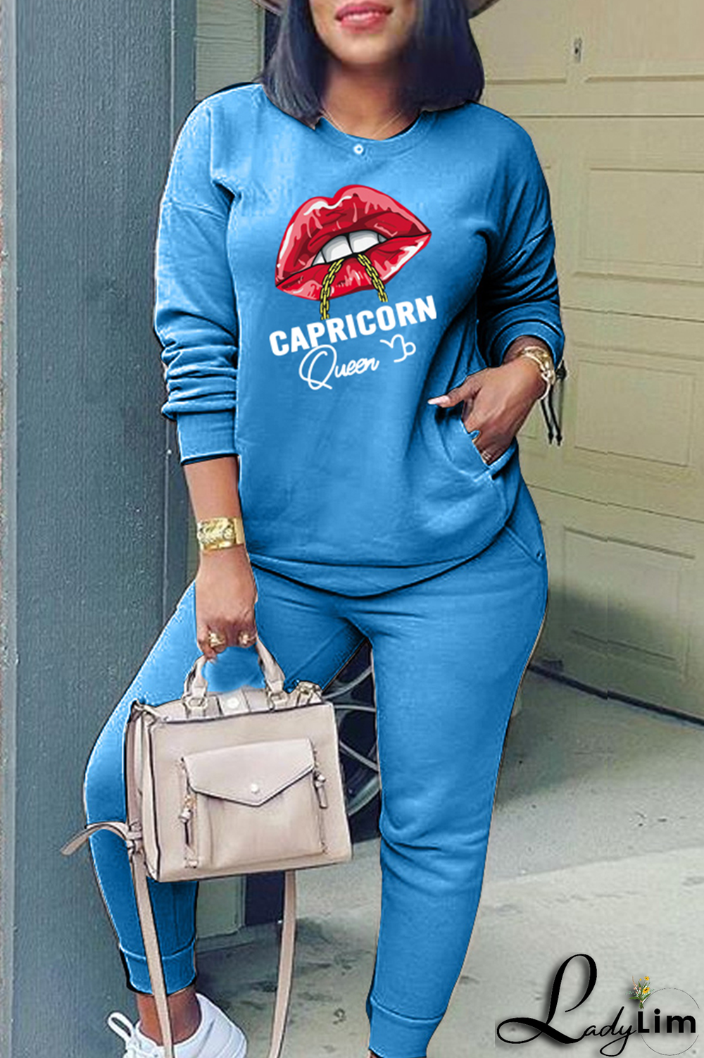 Yellow Fashion Lips Printed Patchwork O Neck Long Sleeve Two Pieces