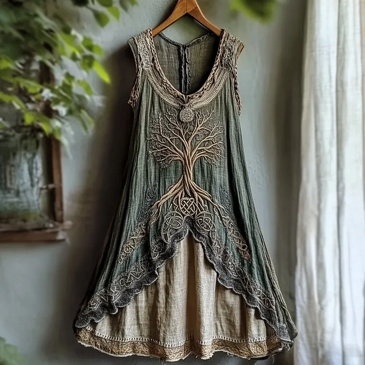 Tribal Viking Life Of Tree Celtic Knot Lace Art Linen Tank Dress