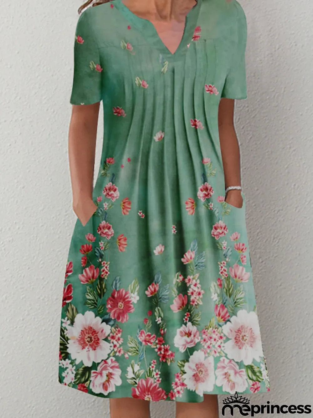 Women's Short Sleeve V-neck Floral Printed Midi Dress