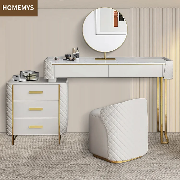Homemys White Makeup Vanity Set Extendable Dresser Table Seat & Mirror Included