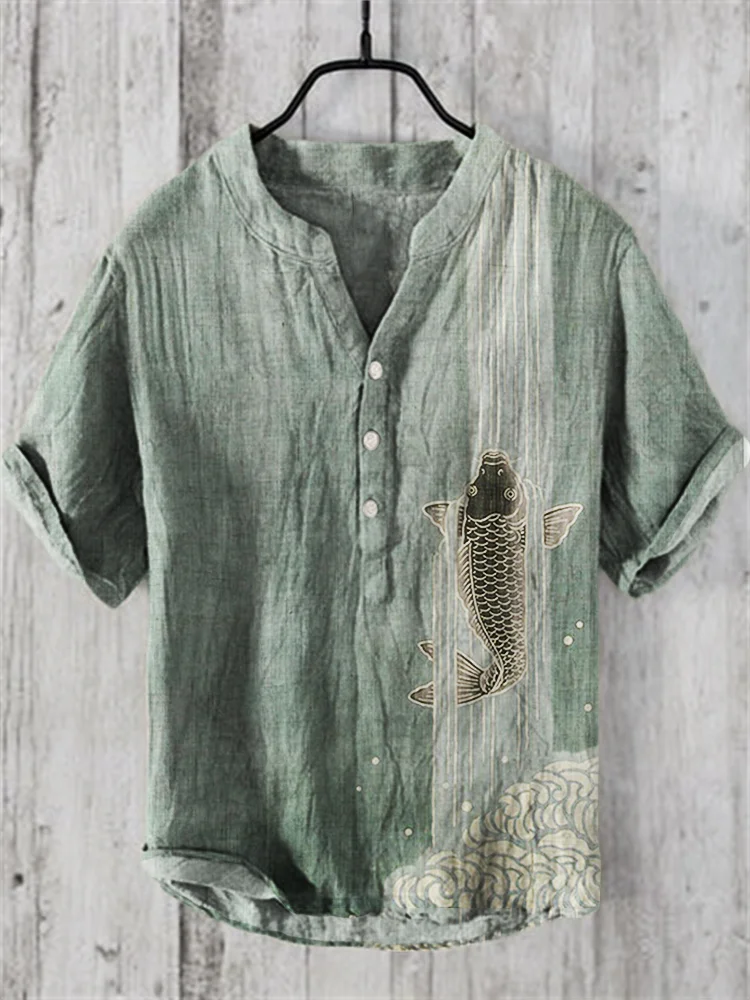 Upstream Carp Japanese Art Linen Blend Shirt