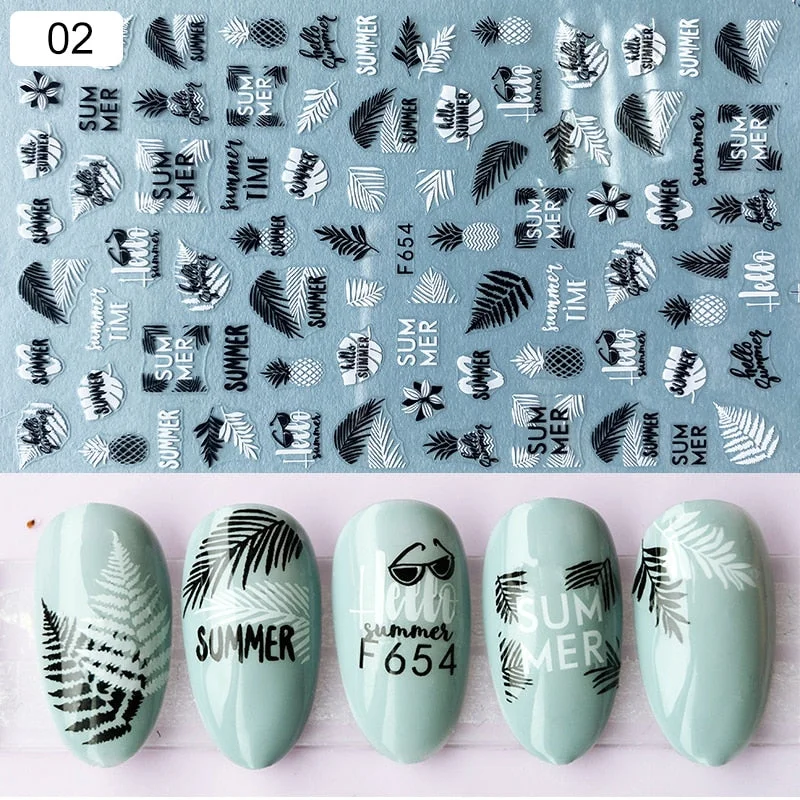 1 Sheet iridescent Nail Sticker Black leave 3D Transfer Beautiful Nail Decals Decoration Summer Popupar DIY Nail Design