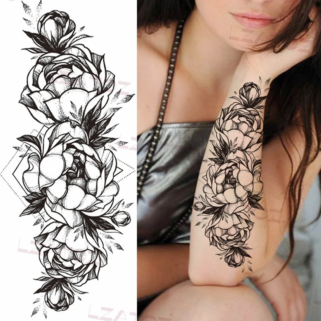 Sdrawing Big Letters Temporary Tattoos For Men Women Moon Pendant Peony Fake Tattoo Sticker Custom Armband Fashion Disposable Tatoo