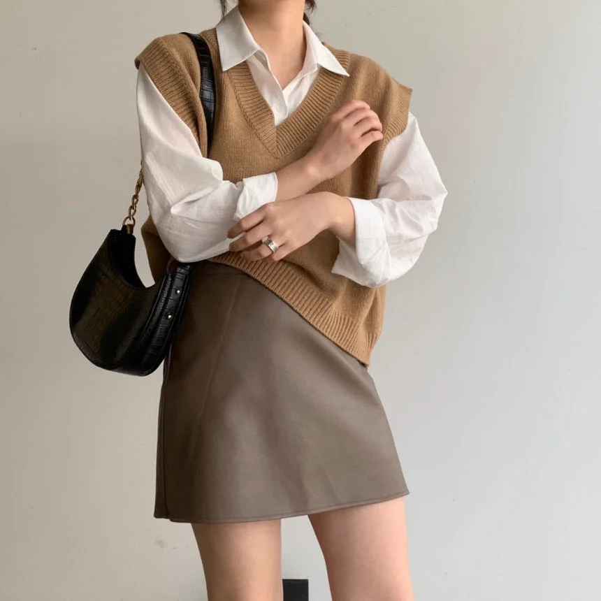 ABEBEY Autumn Winter Women Three Piece Set Long Sleeve Shirt Tops And Tank Sweater And High Waist A-Line Mini Skirt 3 Piece Set