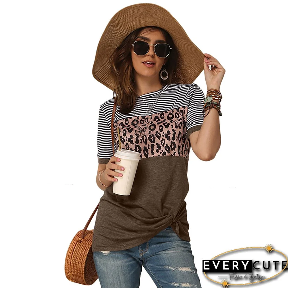 Coffee Patchwork Leopard Print Striped Tees with Twist Front