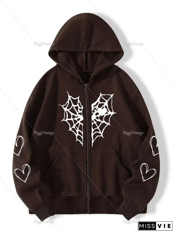 Spider Web Print Hoodie Womens Sweatshirt Loose Jacket Fashion Trend Zip Autumn Casual