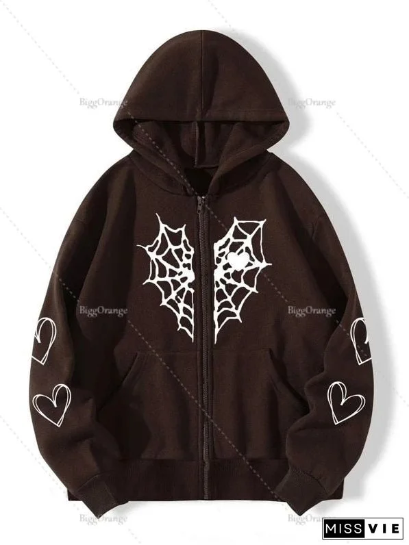 Spider Web Print Hoodie Women Sweatshirt Loose Hoodie Jacket Fashion Trend Zip Autumn Casual Jacket Women Tops Clothes For Teens