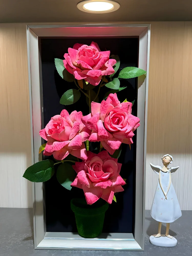Fuchsia Rose Realistic Framed Flower Art (9.0*17.7 in) - 3D Artificial Flower Decoration for Living Room 