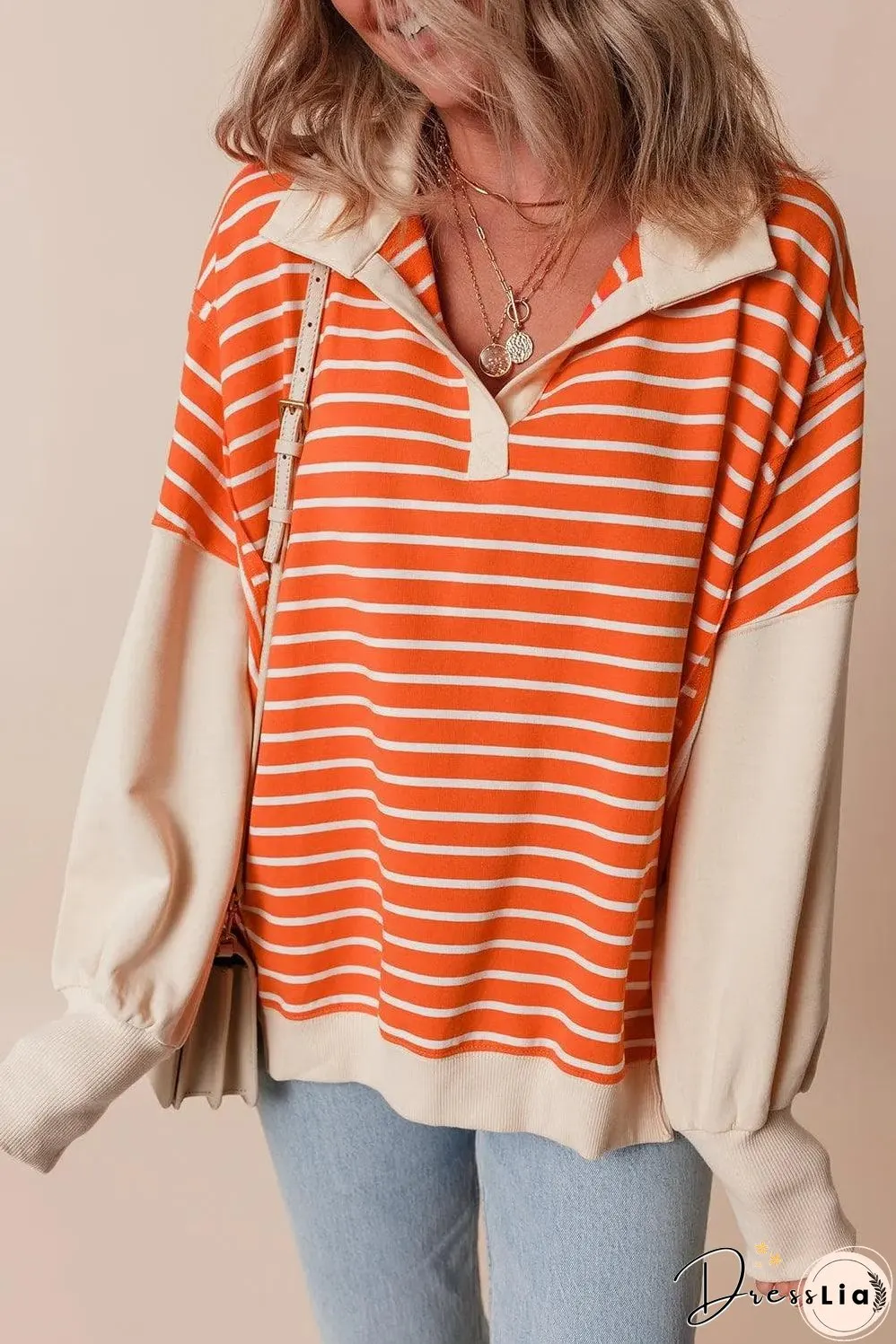 Orange Stripe Color Block Loose Fit Collared Drop Shoulder Sweatshirt