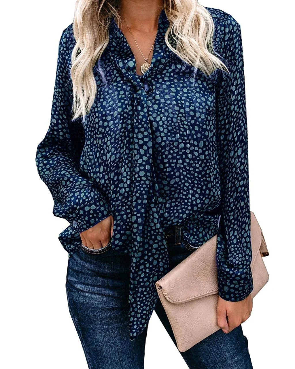 Womens Casual Leopard Print Bow Tie Neck Long Sleeve Chiffon Blouse Tops