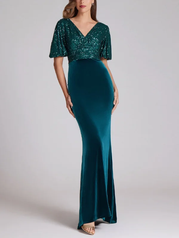V-Neck Solid Sequin Maxi Dress