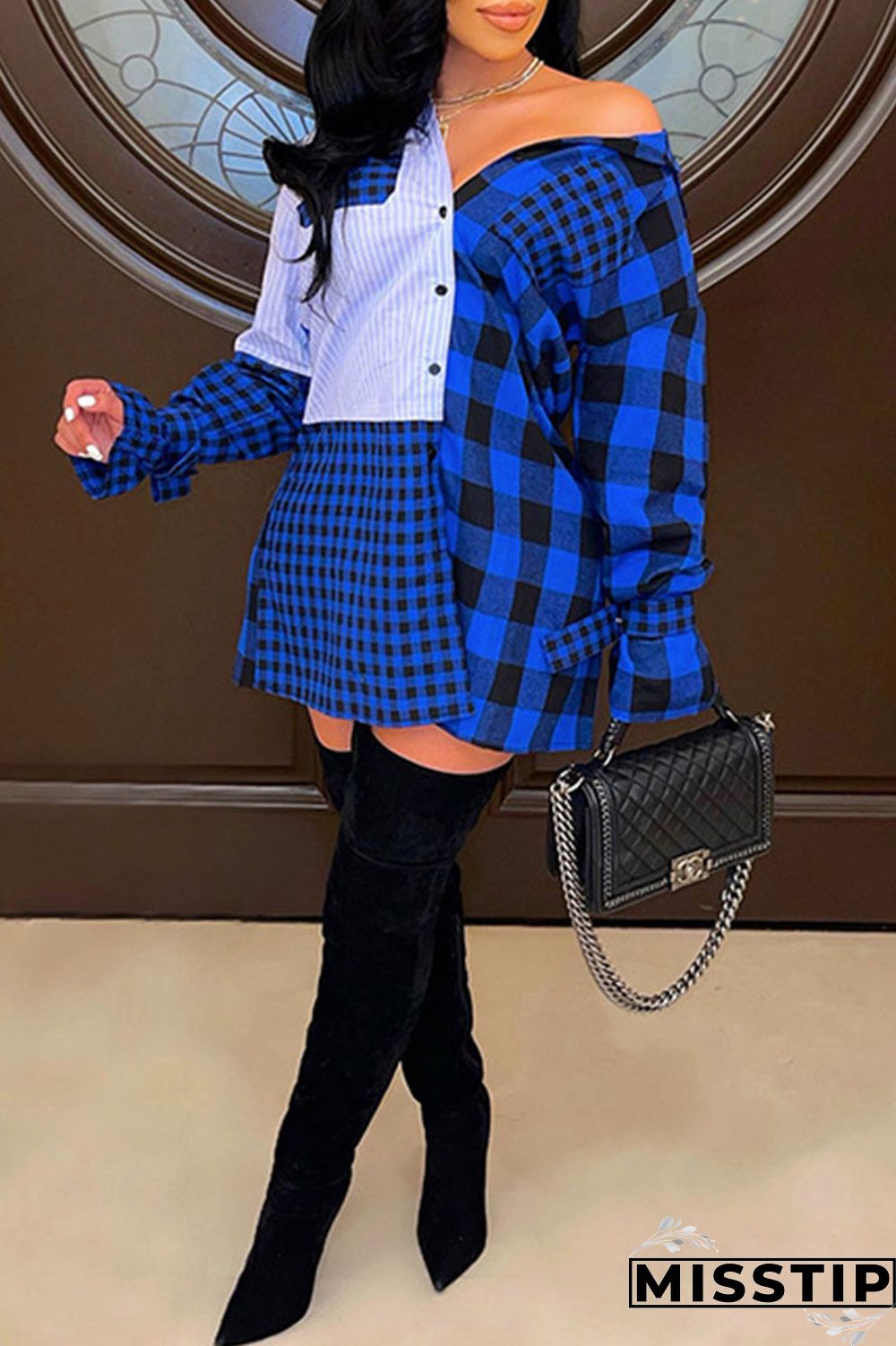 Deep Blue Casual Plaid Print Patchwork Buckle Turndown Collar Shirt Dress Dresses