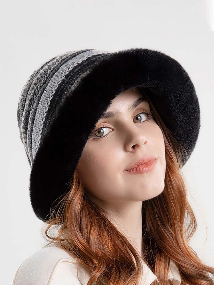 Women Winter Knitted Wool Liner Hat-Khaki-Black