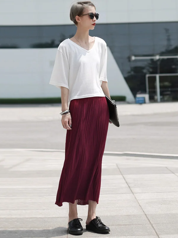 Casual Solid Color Elasticity Waist Pleated Skirts
