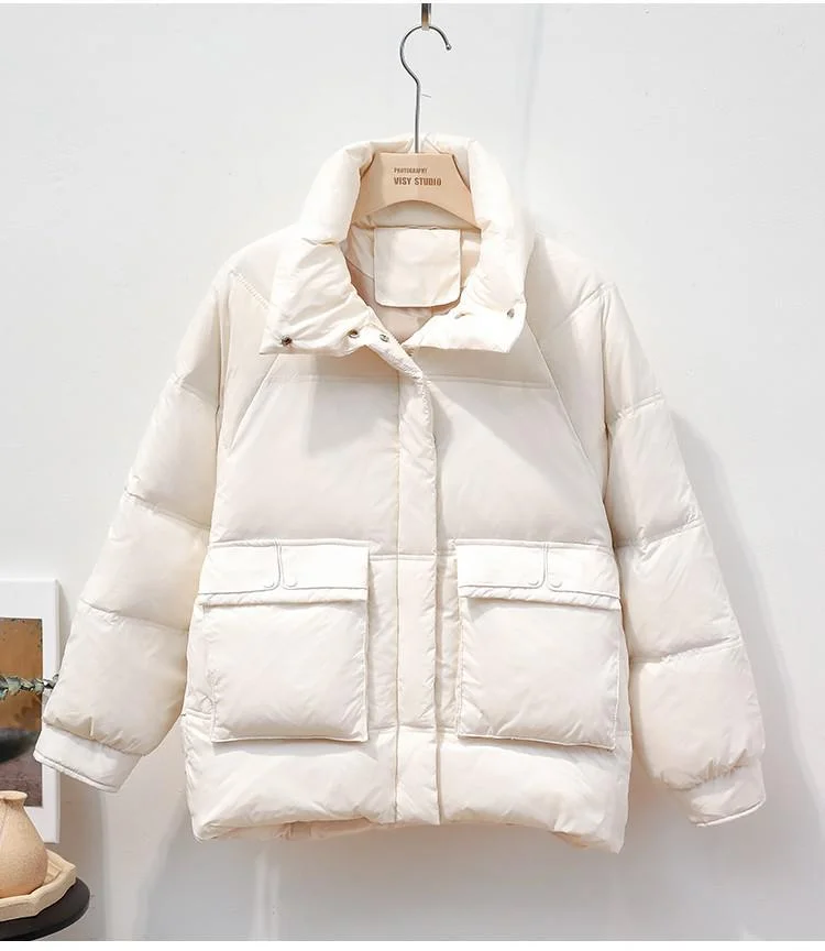 Budgetg New Winter 90% White Duck Down Women Stand Collar Short Parkas Casual Female Big Pocket Loose Warm Snow Down Coat